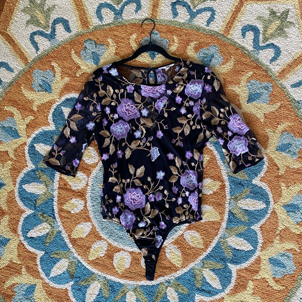 Black/Floral Sheer BB Dakota 3/4 Sleeve Bodysuit